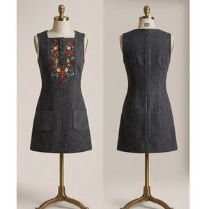 Vintage ILGWU Embroidered Wool Pinafore Dress Gray Floral Mod Shift Pockets 7